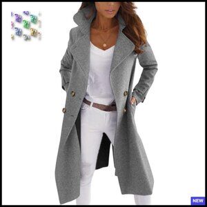 Elegant Double Breasted Wool Blend Pea Coat Classic Chic Winter Long Coat